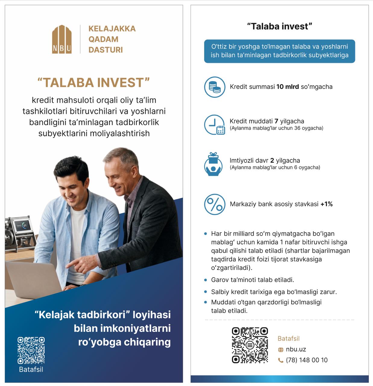 &ldquo;Talaba invest&rdquo; kredit mahsuloti